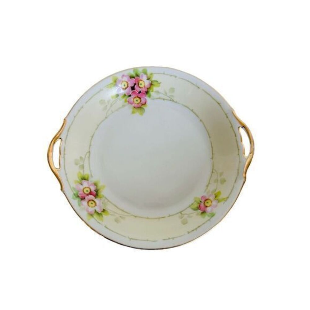 Hand Painted NIPPON Plate Platter Dish Open Handle Gold Trim Pink Flower‎ Photos